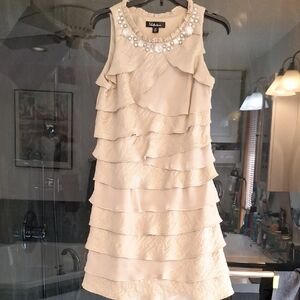 S.L. Fashions Beige Layered Mini Dress with Pearl Accents
